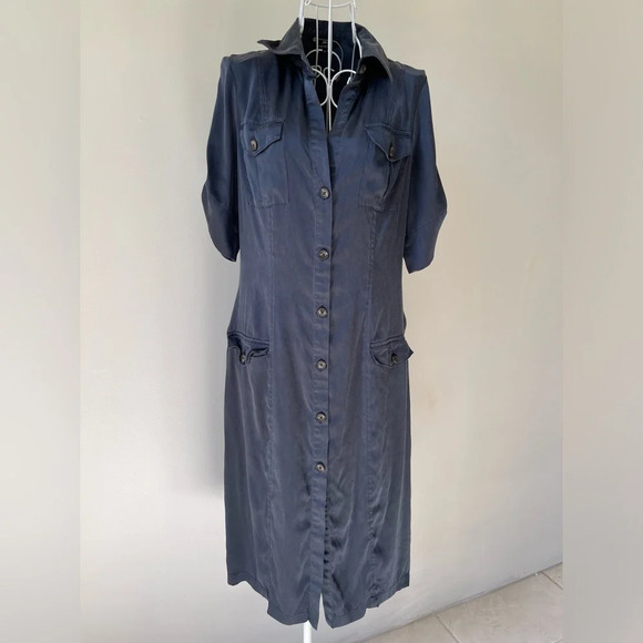 ROCK & REPUBLIC TAILOR MADE SHIRT DRESS LUXURY STRETCH SILK NAVY BLUE SIZE 10 - Picture 1 of 10